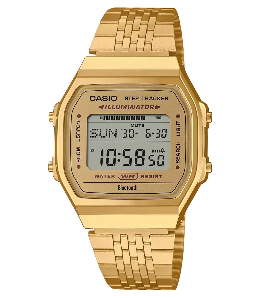Reloj Casio vintage digital, con esfera dorada y brazalete de acero dorado.