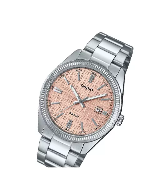 Reloj Casio vintage analógico, con esfera rosa y brazalete de acero.