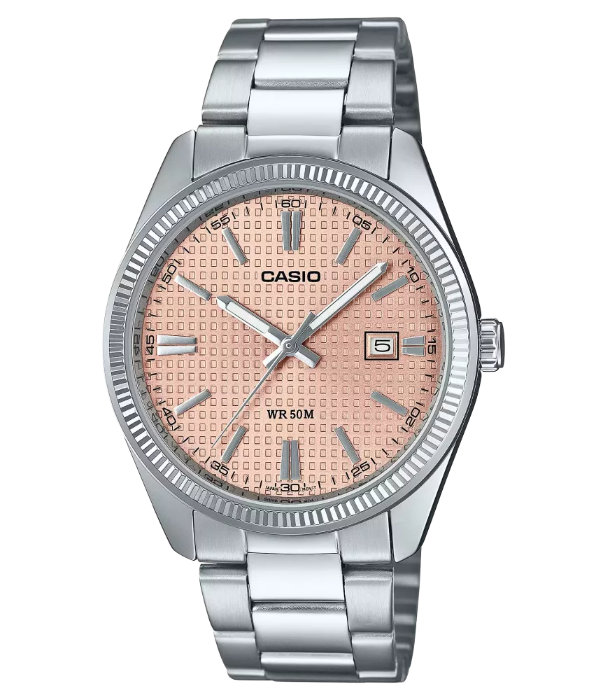 Reloj Casio vintage analógico, con esfera rosa y brazalete de acero.