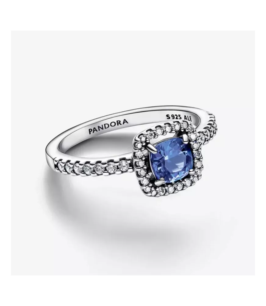 Anillo en plata de ley Halo Azul Cuadrado Brillante