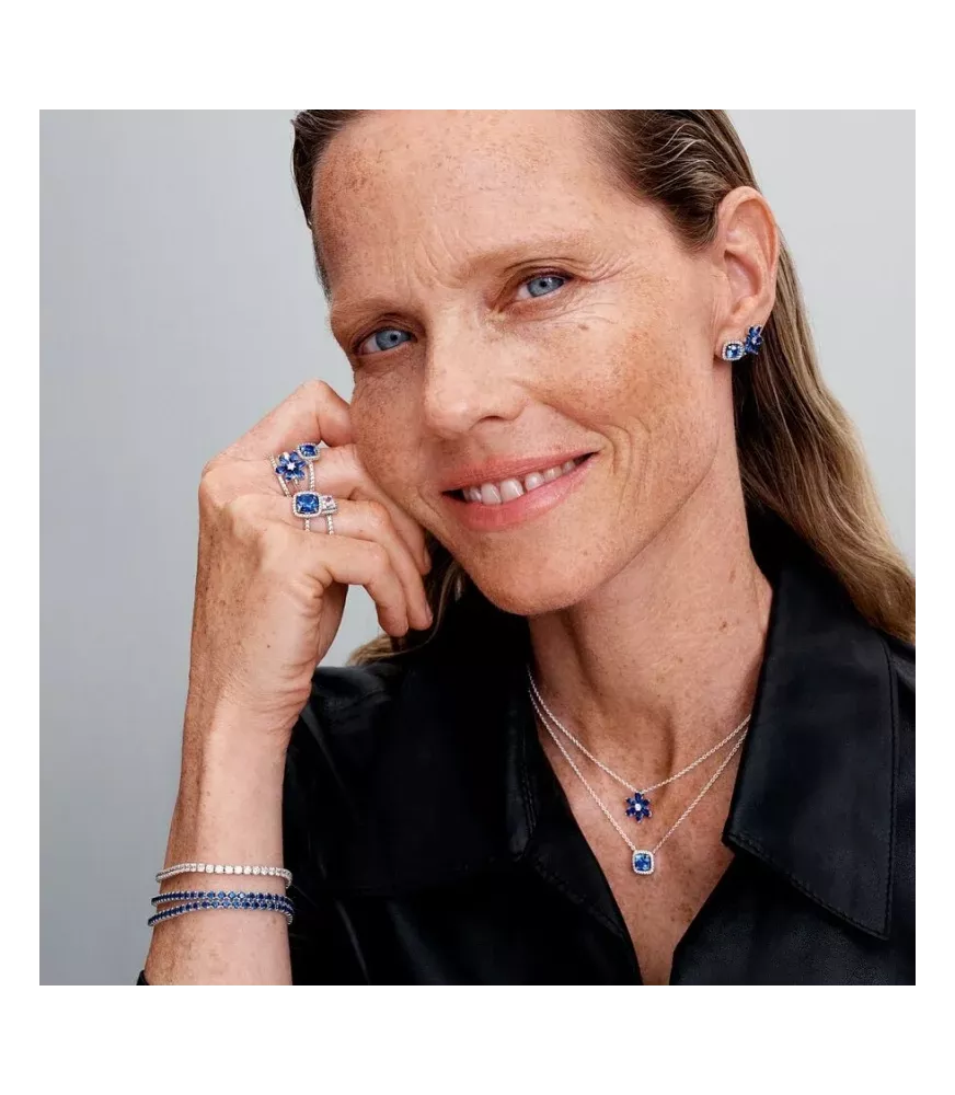 Anillo en plata de ley Halo Azul Cuadrado Brillante