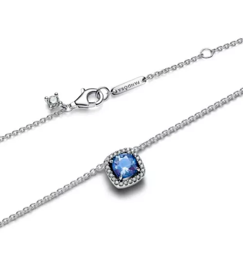 Collar en plata de ley Halo Azul Cuadrado Brillante