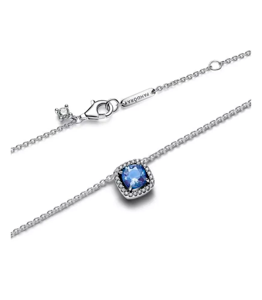 Collar en plata de ley Halo Azul Cuadrado Brillante