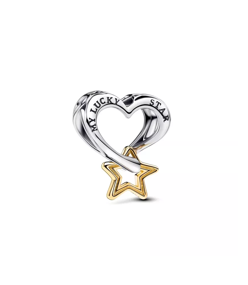 Charm en plata de ley y con un recubrimiento en oro de 14k Estrella y Corazón de la Suerte