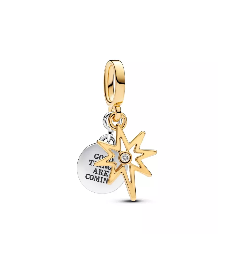 Charm colgante en plata de ley y con un recubrimiento en oro de 14k Grabable Estrella Polar con diamante sintético creado en lab