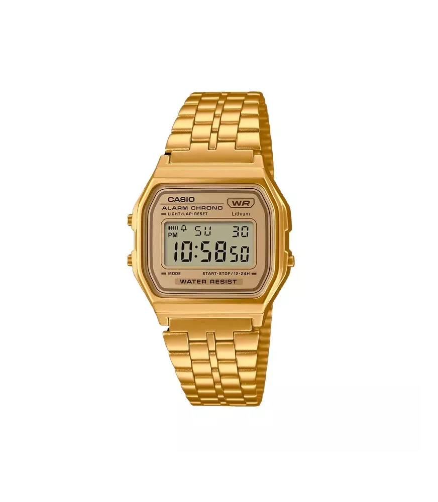 Reloj Casio vintage digital, con esfera dorada y brazalete de acero.