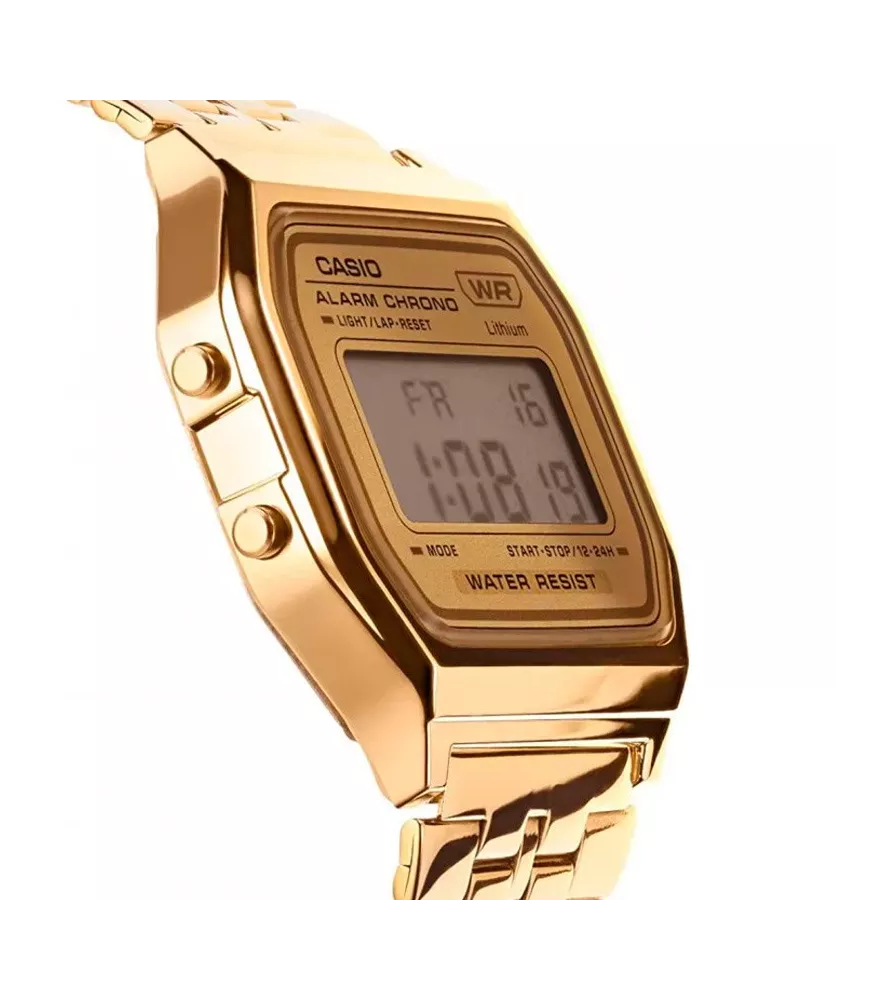 Reloj Casio vintage digital, con esfera dorada y brazalete de acero.