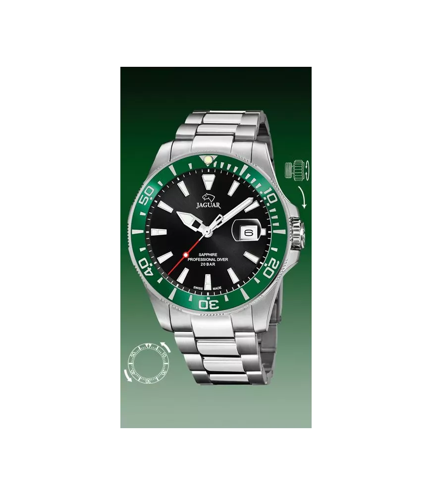 Reloj Jaguar Pro Diver negro hombre, cuarzo suizo ,analógico, 3 agujas y calendario.