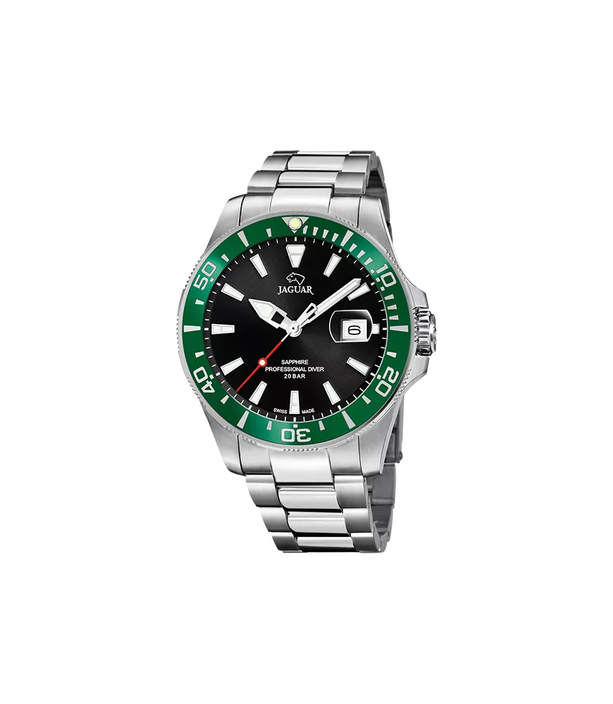 Reloj Jaguar Pro Diver negro hombre, cuarzo suizo ,analógico, 3 agujas y calendario.