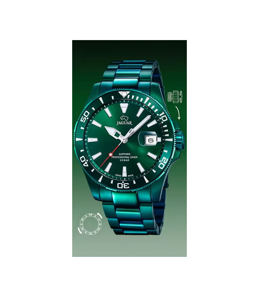 Reloj Jaguar Pro Diver verde hombre, cuarzo suizo ,analógico, 3 agujas y calendario.