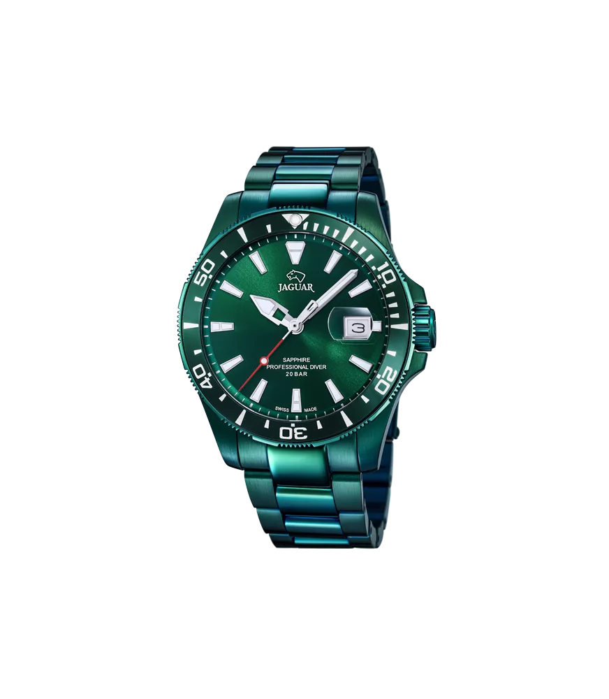 Reloj Jaguar Pro Diver verde hombre, cuarzo suizo ,analógico, 3 agujas y calendario.