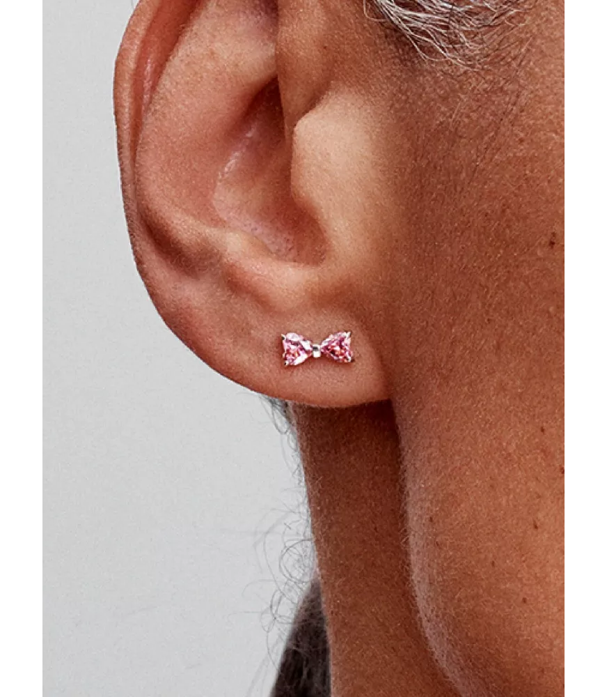 Pendientes de botón en plata de ley Lazo Rosa Brillante