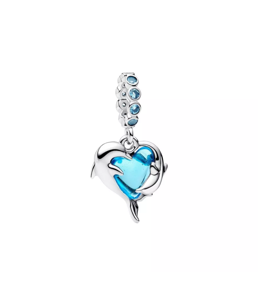 Charm Colgante en plata de ley Delfines de Cristal de Murano Azul 