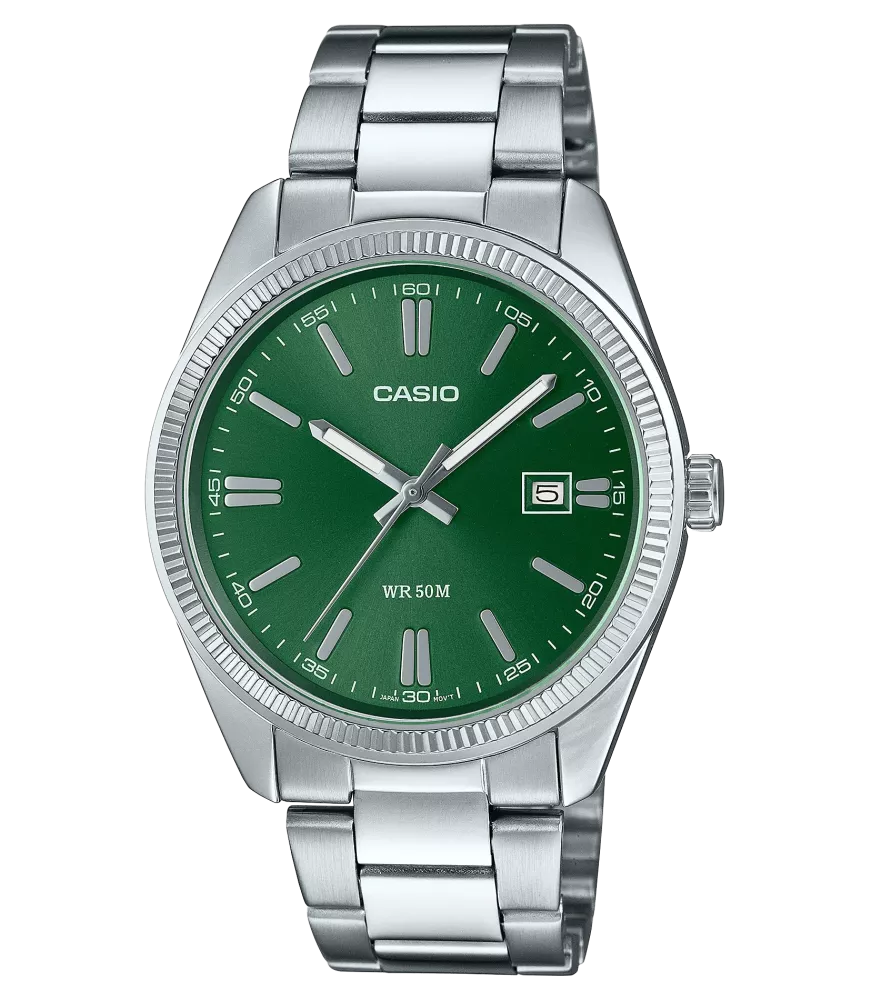 Reloj Casio vintage analógico, con esfera verde y brazalete de acero.