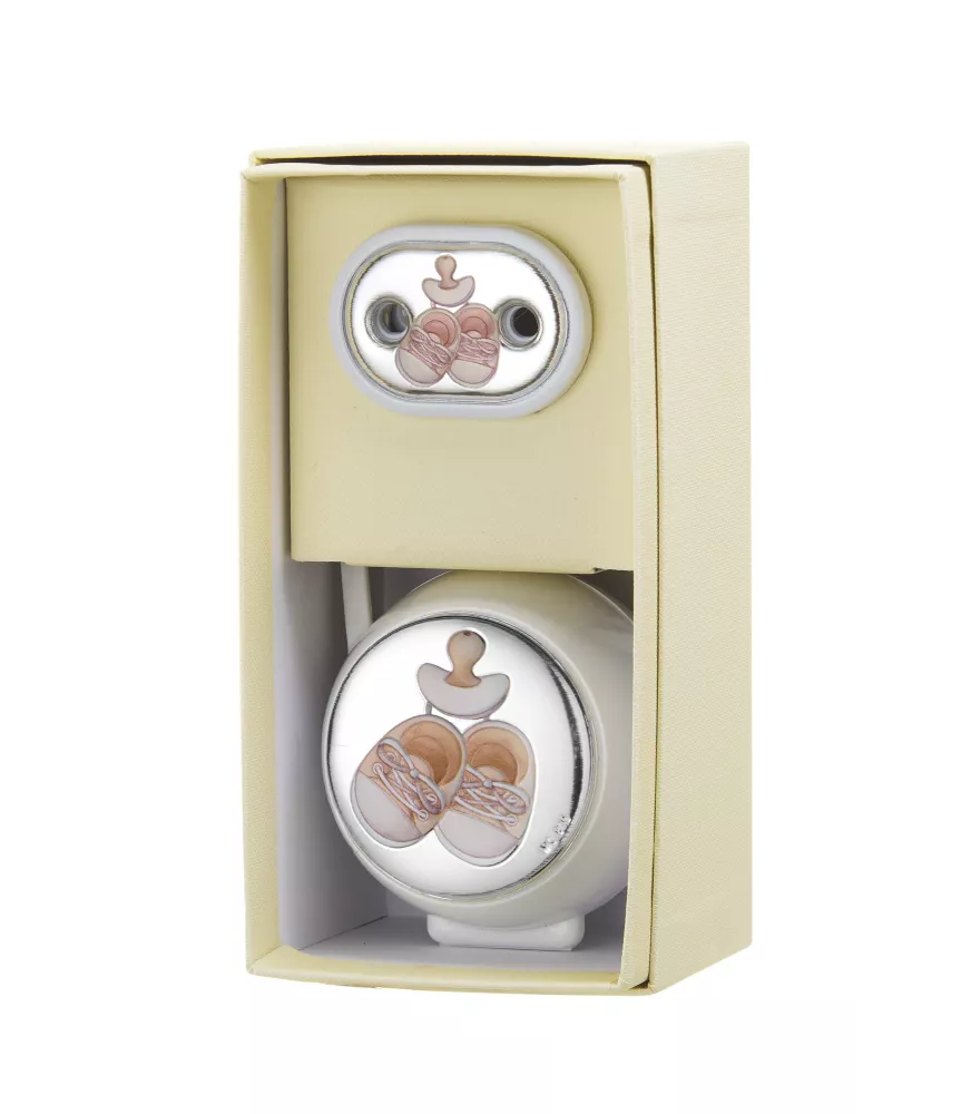 SET DE CAJA Y PINZA PARA CHUPETE EN METAL PLATEADO ZAPATOS Y CHUPETE BLANCO MODELO ECNL271/B