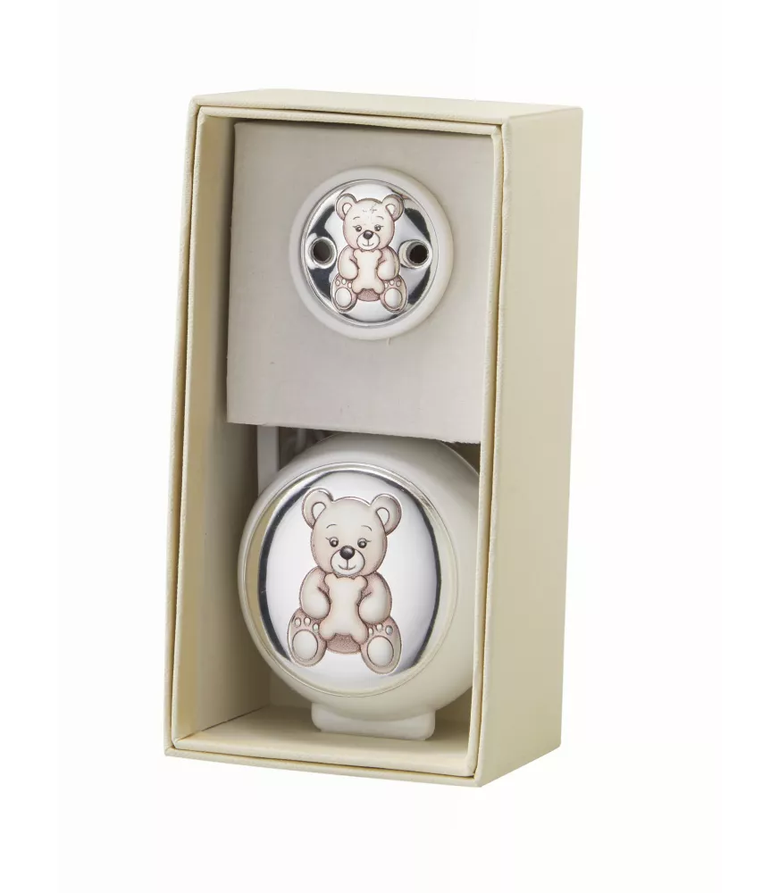 SET DE CAJA Y PINZA PARA CHUPETE EN METAL PLATEADO OSO ABRAZANDO OSITO BLANCO MODELO ECNL231/B