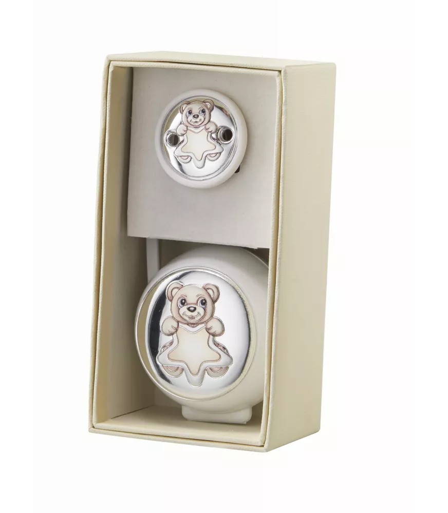 SET DE CAJA Y PINZA PARA CHUPETE EN METAL PLATEADO OSO ESTRELLA BLANCO MODELO ECNL232/B