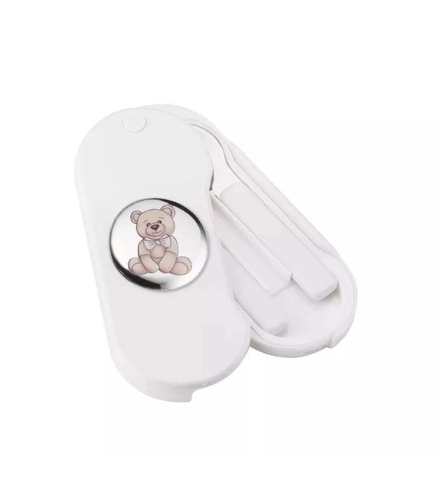 ESTUCHE DE CUBIERTOS PARA BEBÉ EN ACERO CON MOTIVO EN METAL PLATEADO OSO LAZO MODELO EPP236