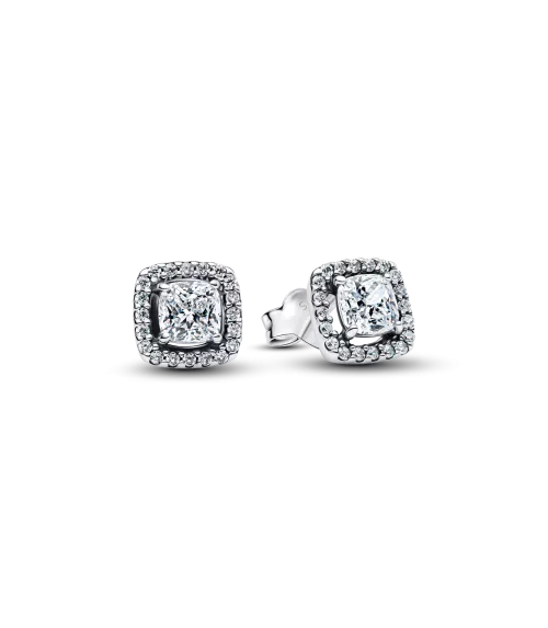 Pendientes en plata de ley de Botón Halo Cuadrado Brillante