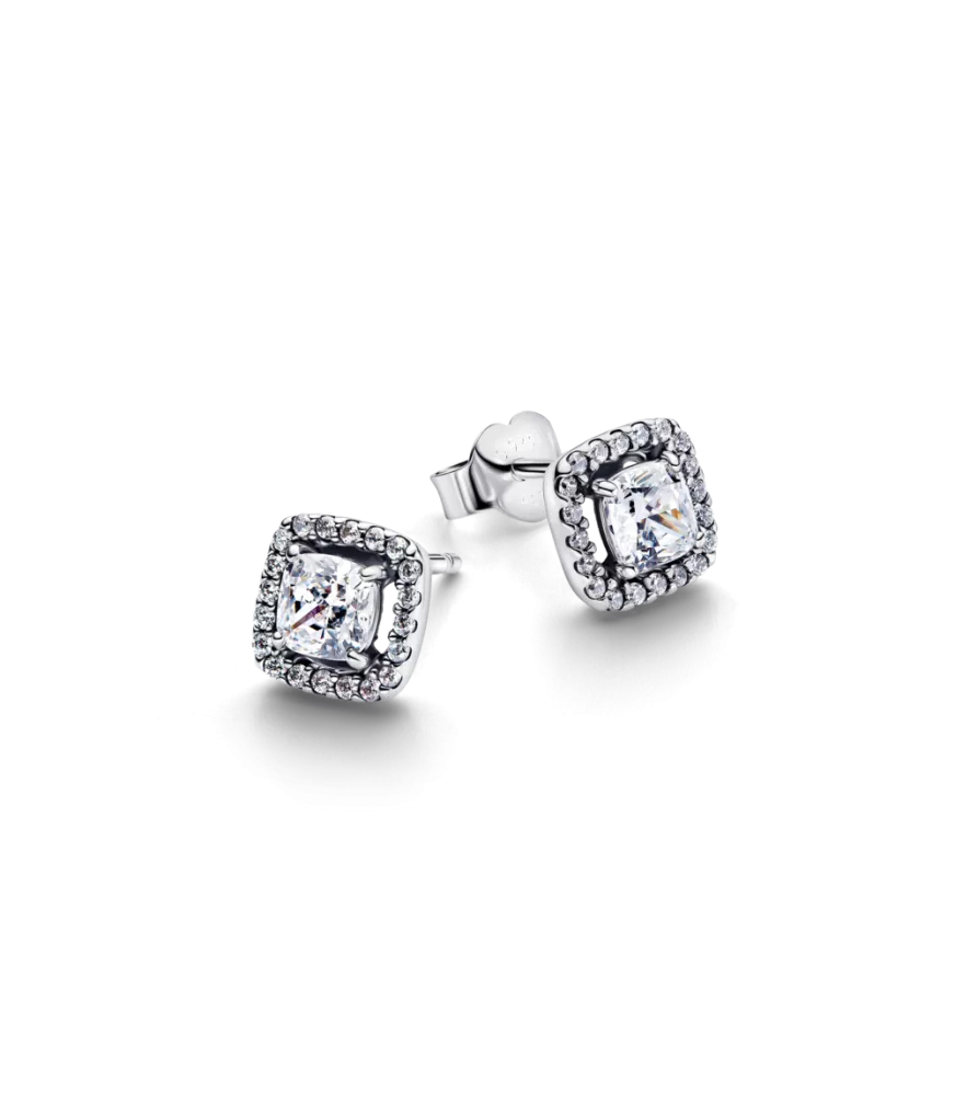 Pendientes en plata de ley de Botón Halo Cuadrado Brillante