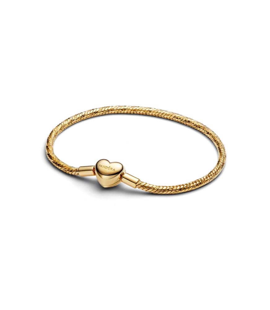 Pulsera Pandora con un recubrimiento en oro de 14k de Cadena de Serpiente con Cierre Corazón Facetado Grabable