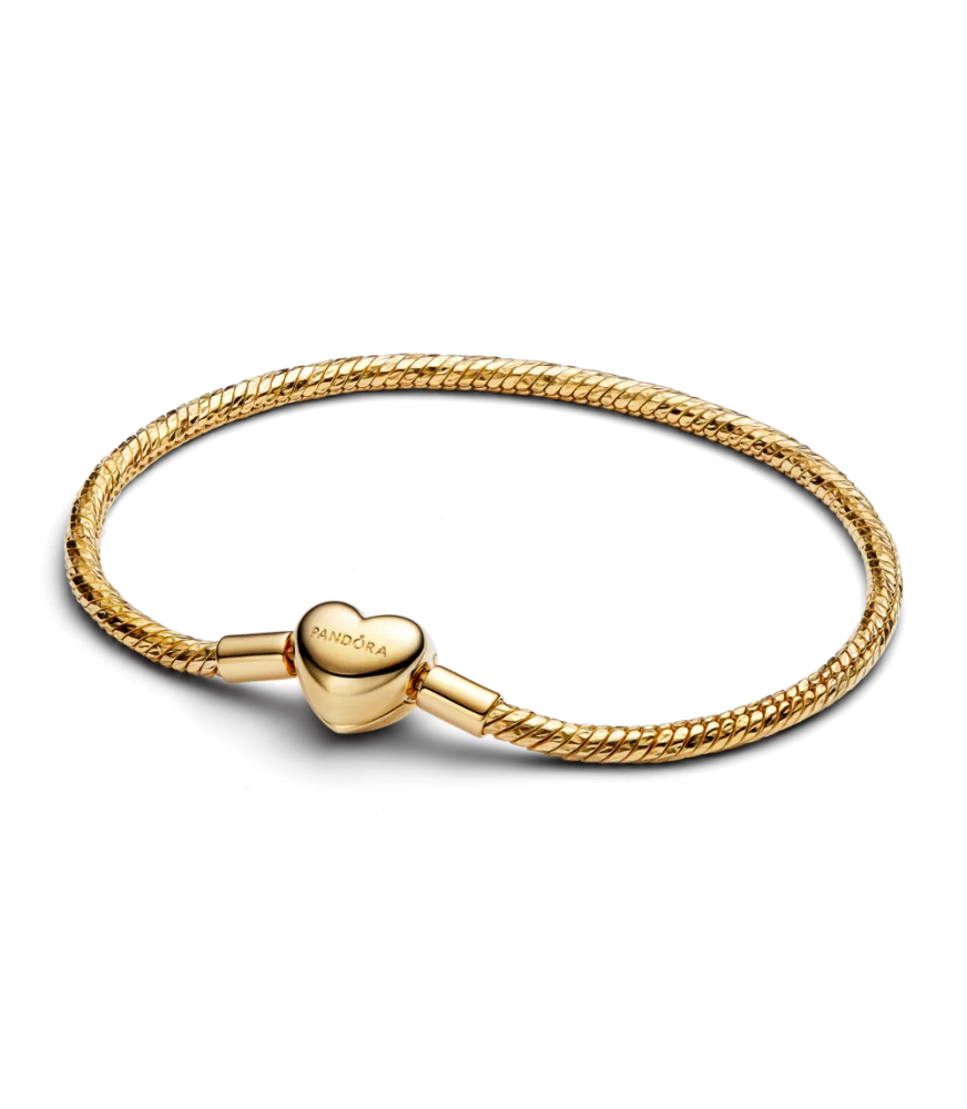 Pulsera Pandora con un recubrimiento en oro de 14k de Cadena de Serpiente con Cierre Corazón Facetado Grabable