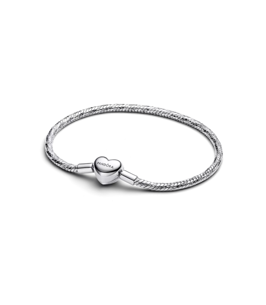 Pulsera Pandora en plata de ley de Cadena de Serpiente con Cierre Corazón Facetado Grabable