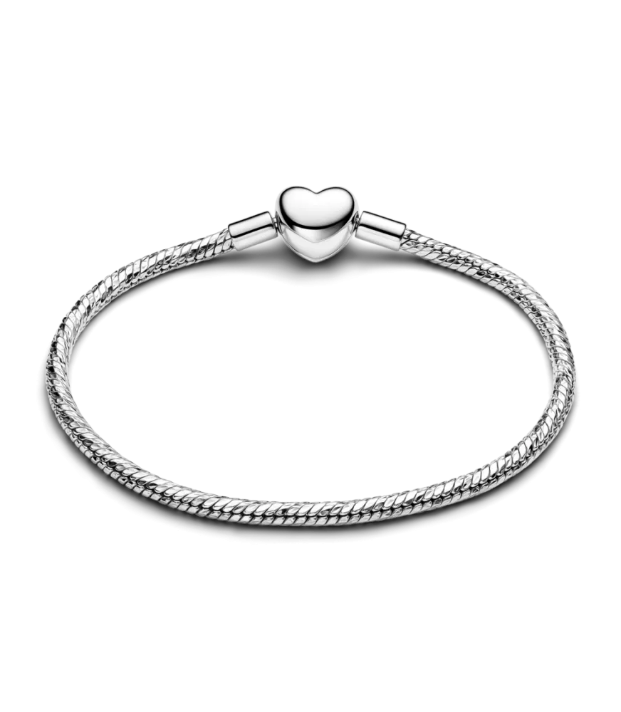 Pulsera Pandora en plata de ley de Cadena de Serpiente con Cierre Corazón Facetado Grabable