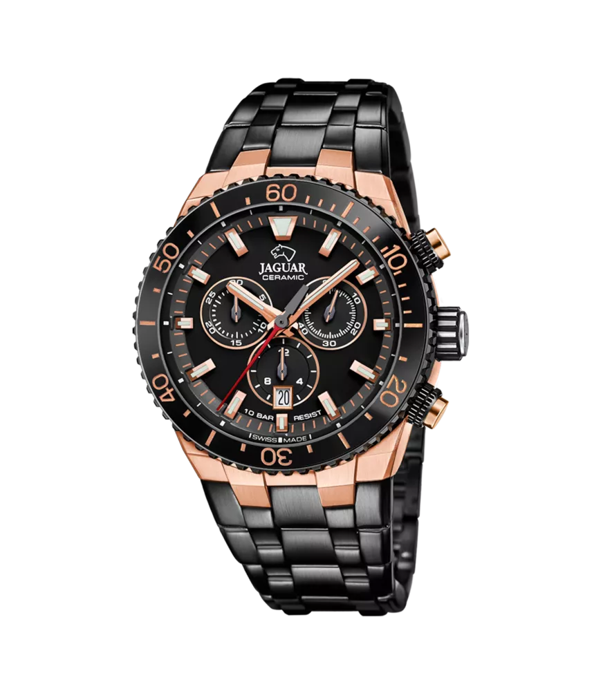 Reloj Jaguar Ceramic negro, hombre, cuarzo suizo ,analógico, 3 agujas, calendario y cronógrafo.