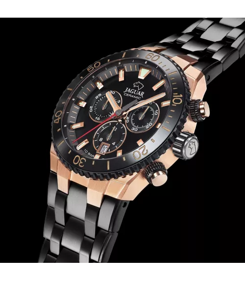 Reloj Jaguar Ceramic negro, hombre, cuarzo suizo ,analógico, 3 agujas, calendario y cronógrafo.