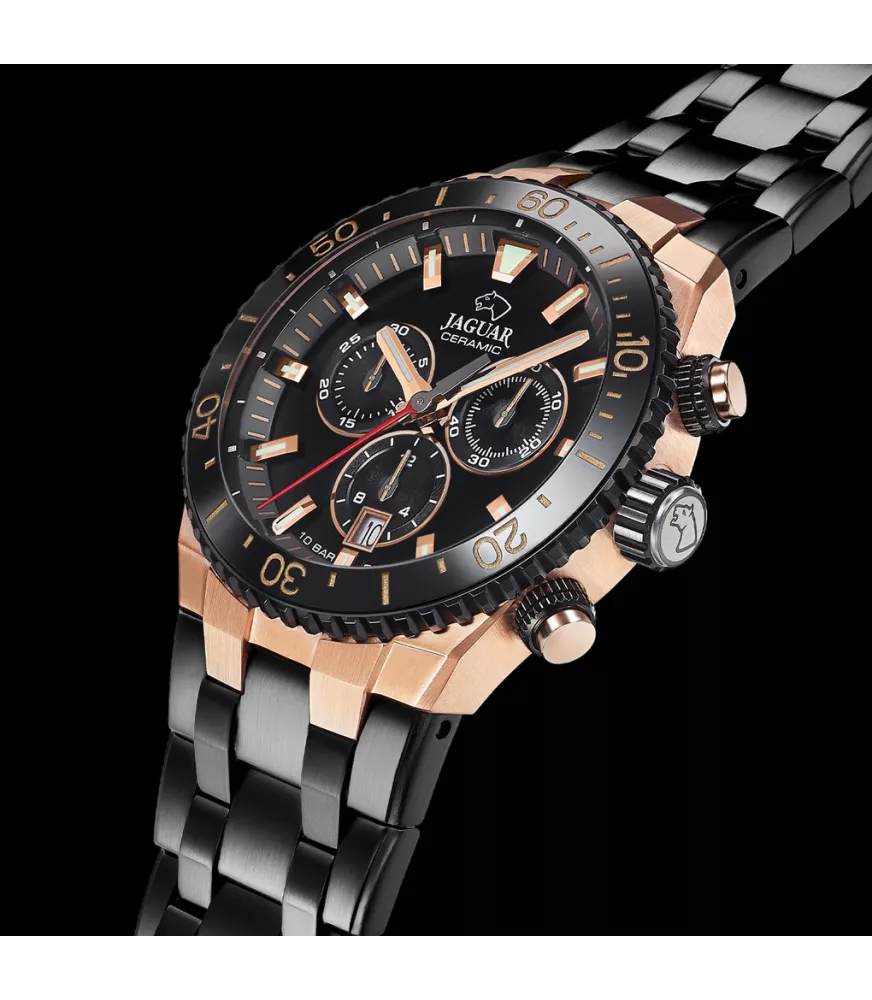 Reloj Jaguar Ceramic negro, hombre, cuarzo suizo ,analógico, 3 agujas, calendario y cronógrafo.