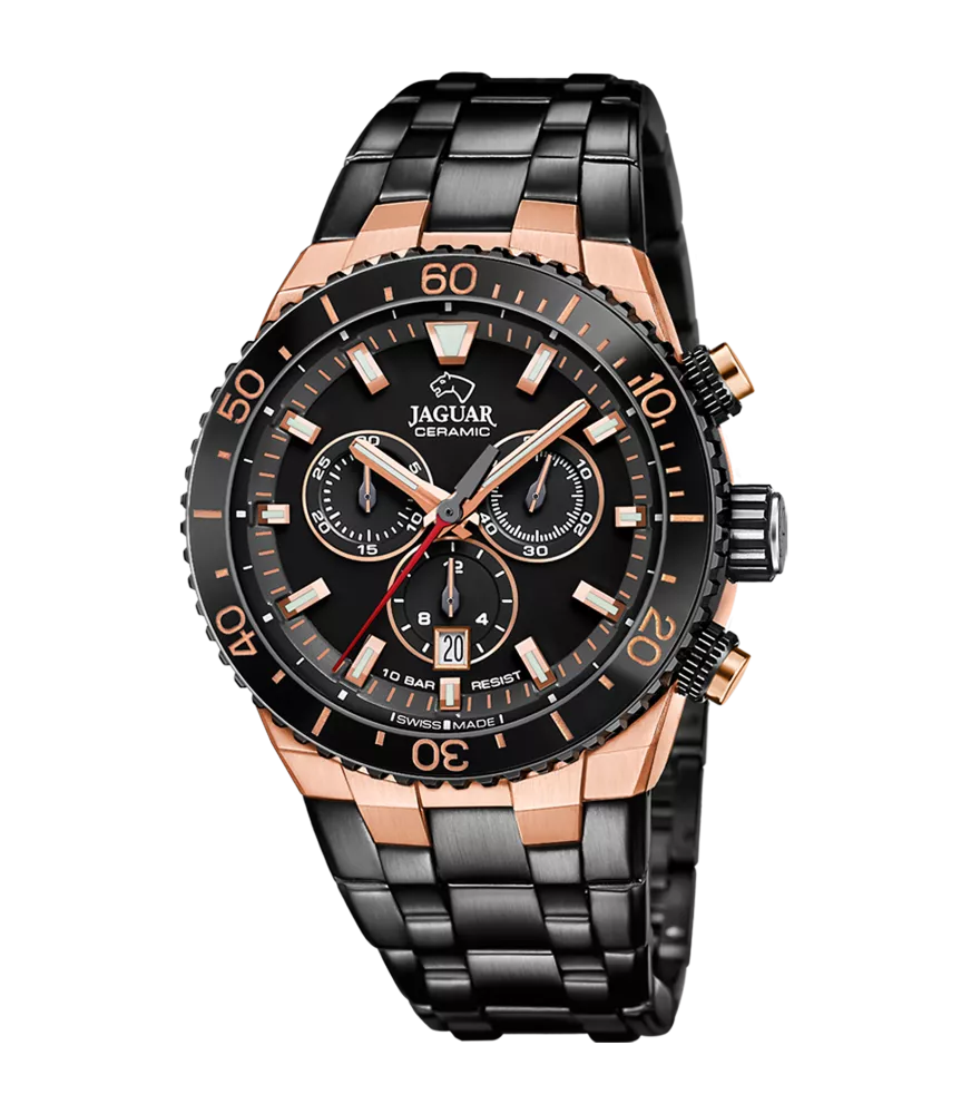 Reloj Jaguar Ceramic negro, hombre, cuarzo suizo ,analógico, 3 agujas, calendario y cronógrafo.