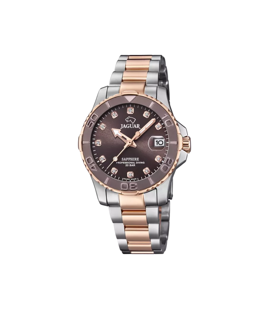 Reloj Jaguar Couple Diver Marrón, mujer, cuarzo suizo ,analógico, 3 agujas y calendario.