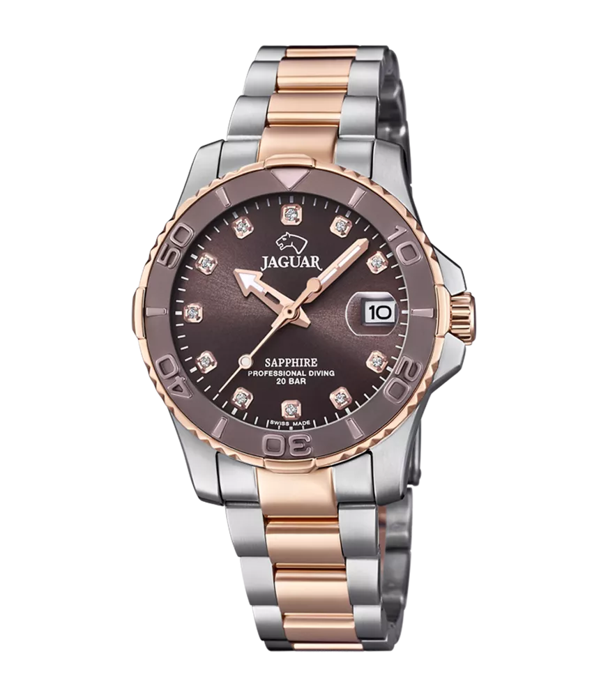 Reloj Jaguar Couple Diver Marrón, mujer, cuarzo suizo ,analógico, 3 agujas y calendario.