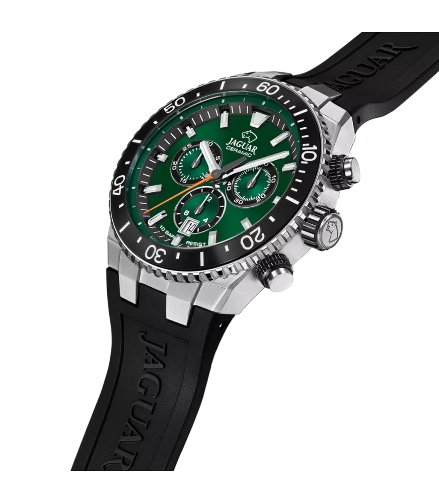 Reloj Jaguar Ceramic verde, hombre, cuarzo suizo ,analógico, 3 agujas, calendario y cronógrafo.