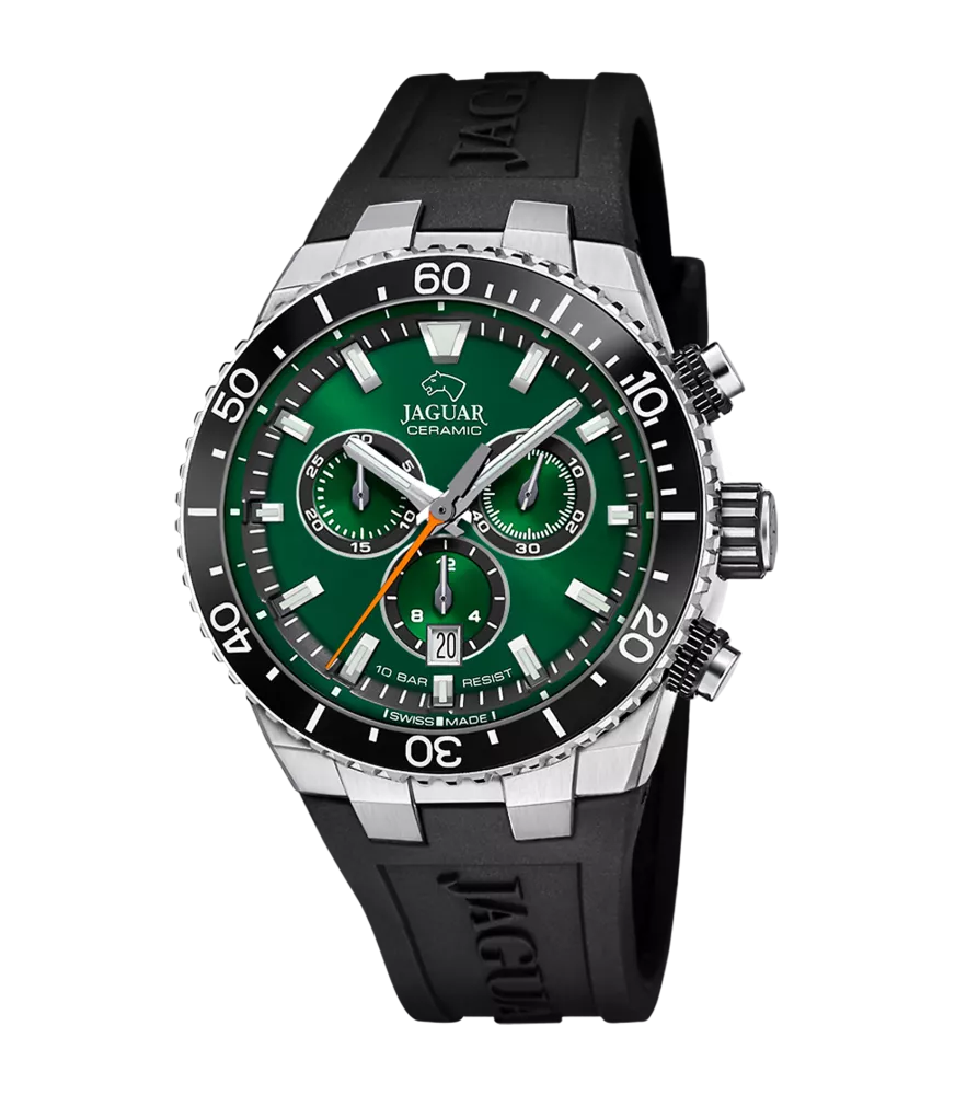 Reloj Jaguar Ceramic verde, hombre, cuarzo suizo ,analógico, 3 agujas, calendario y cronógrafo.