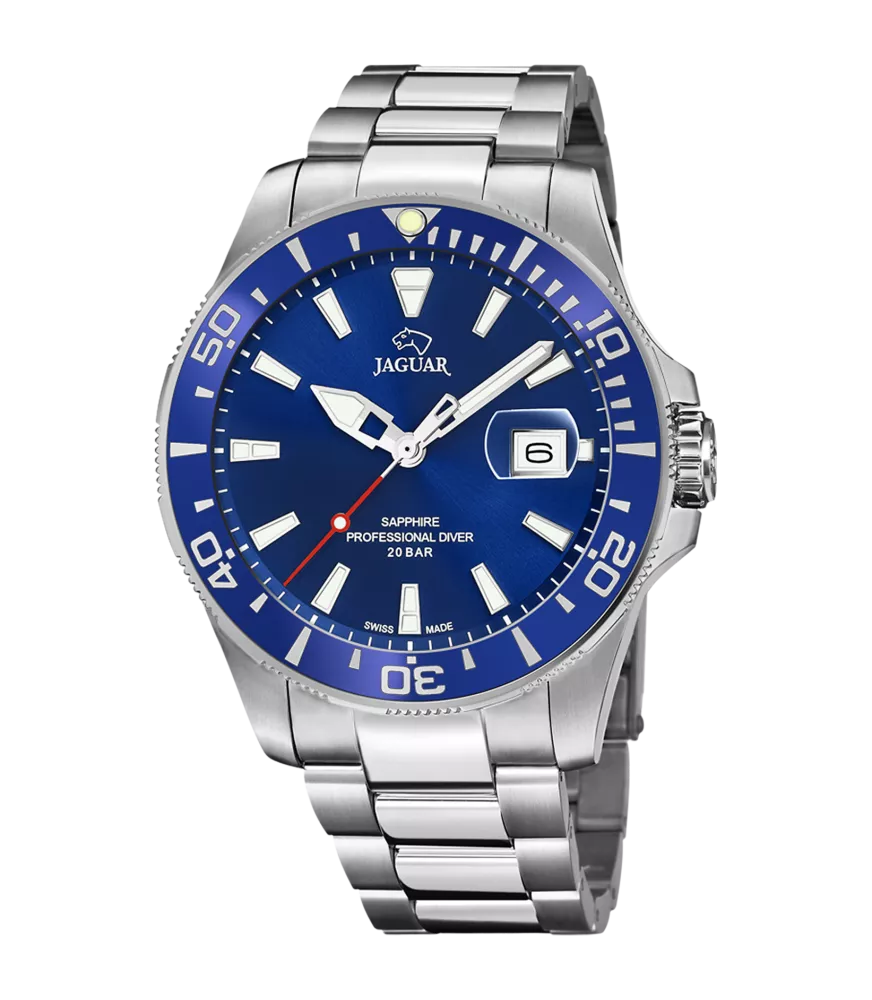 Reloj Jaguar Pro Diver azul, hombre, cuarzo suizo ,analógico, 3 agujas y calendario.