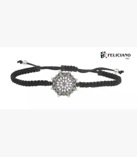 PULSERA ROSETÓN PLATA Y MACRAMÉ, CON BISEL CIRCONITAS Y PUNTOS, LA BELLA DESCONOCIDA