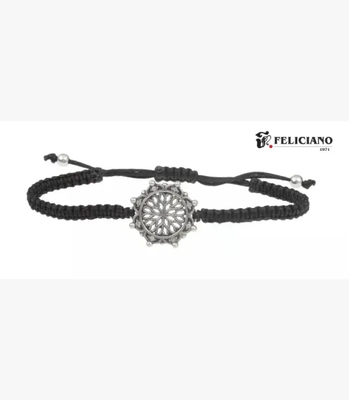 PULSERA ROSETÓN PLATA Y MACRAMÉ, CON BISEL CIRCONITAS Y PUNTOS, LA BELLA DESCONOCIDA