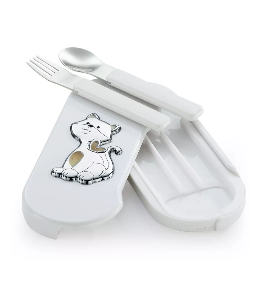 ESTUCHE DE CUBIERTOS PARA BEBÉ EN ACERO CON MOTIVO EN PLATA BILAMINADA 925/000 MODELO 3682