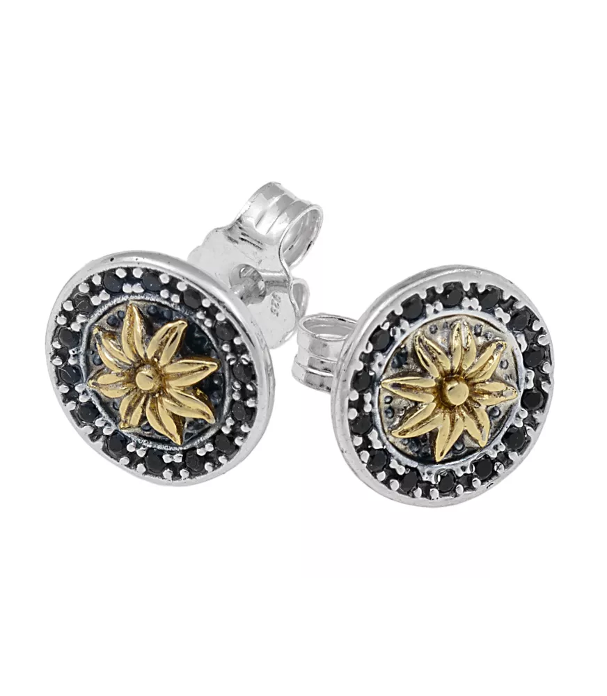 PENDIENTES PEQUEÑOS PLATA Y BRONCE FLOR DORADA