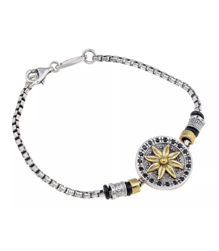 PULSERA PEQUEÑA PLATA Y BRONCE FLOR DORADA
