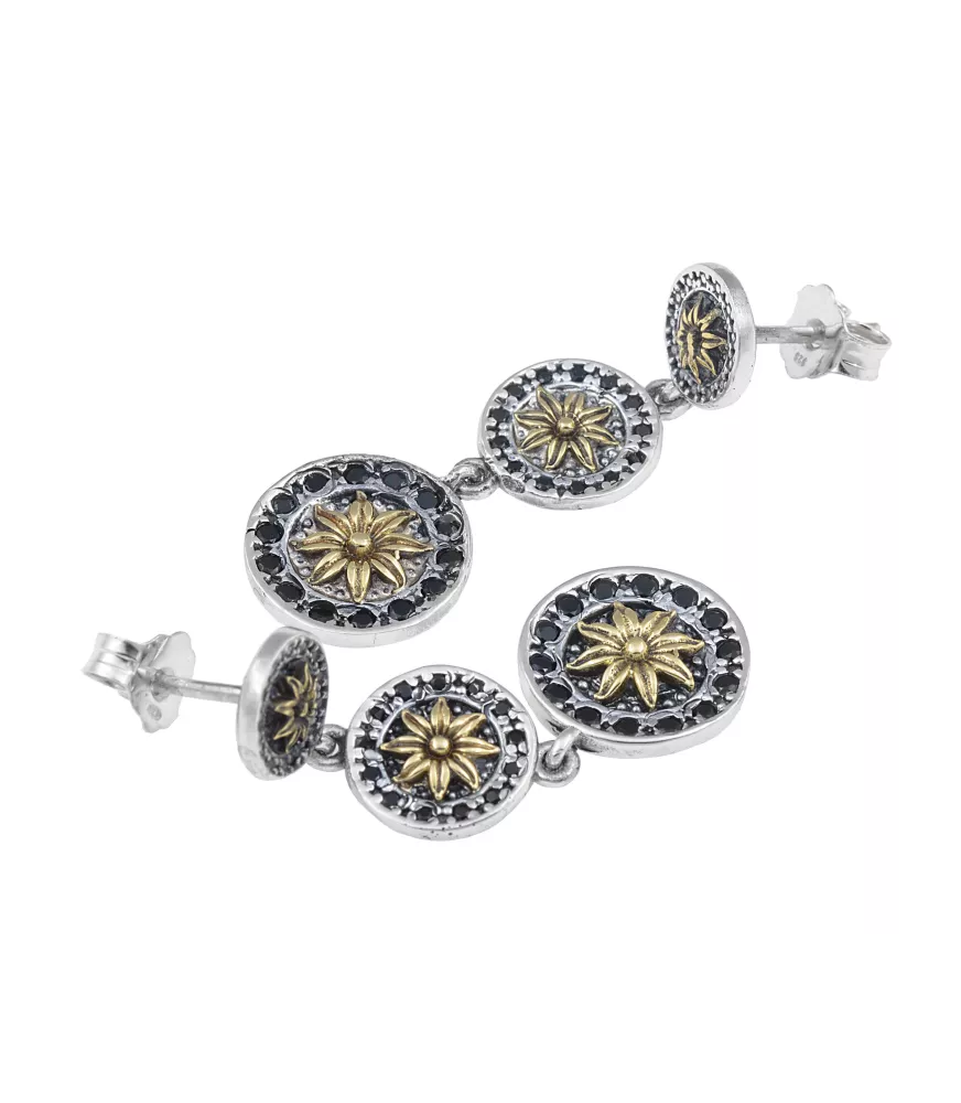 PENDIENTES TRES ROSETONES EN PLATA Y BRONCE CON FLOR DORADA