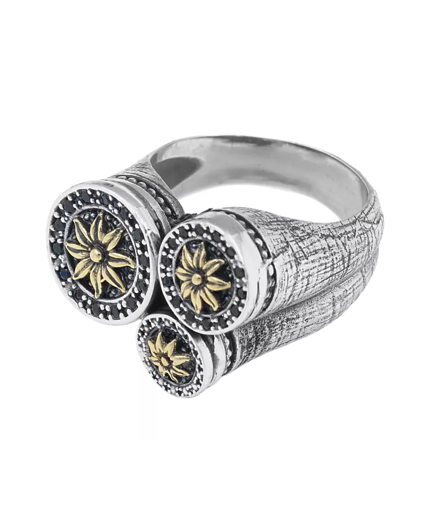 ANILLO TRES ROSETONES EN PLATA Y BRONCE FLOR DORADA