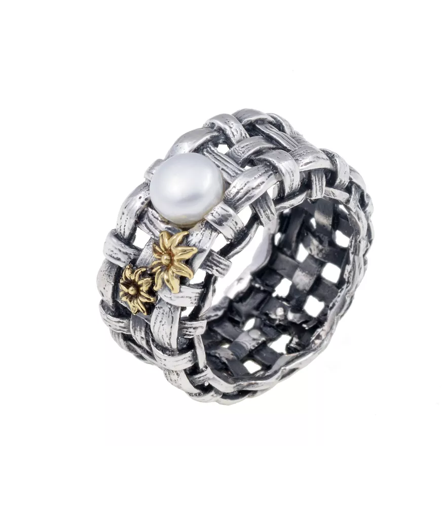 ANILLO DE PLATA Y BRONCE CON PERLA