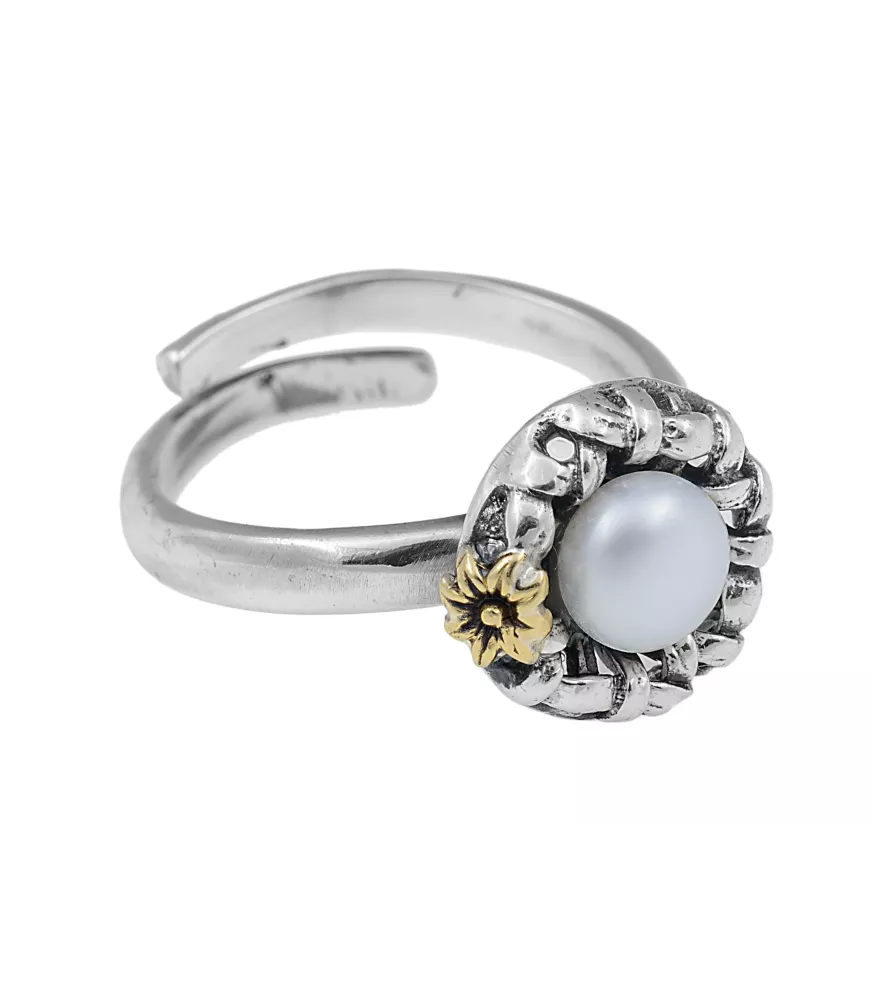 ANILLO DE PLATA Y BRONCE CON PERLA