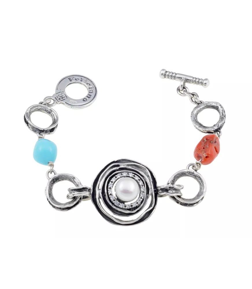 PULSERA DE PLATA CON CIRCONITAS, PERLA, TURQUESA Y CORAL