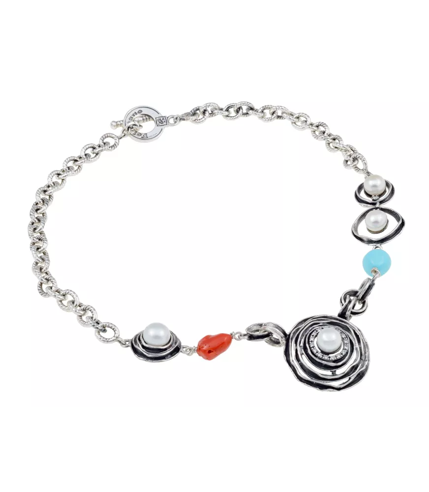 COLLAR DE PLATA CON CIRCONITAS, PERLA, TURQUESA Y CORAL