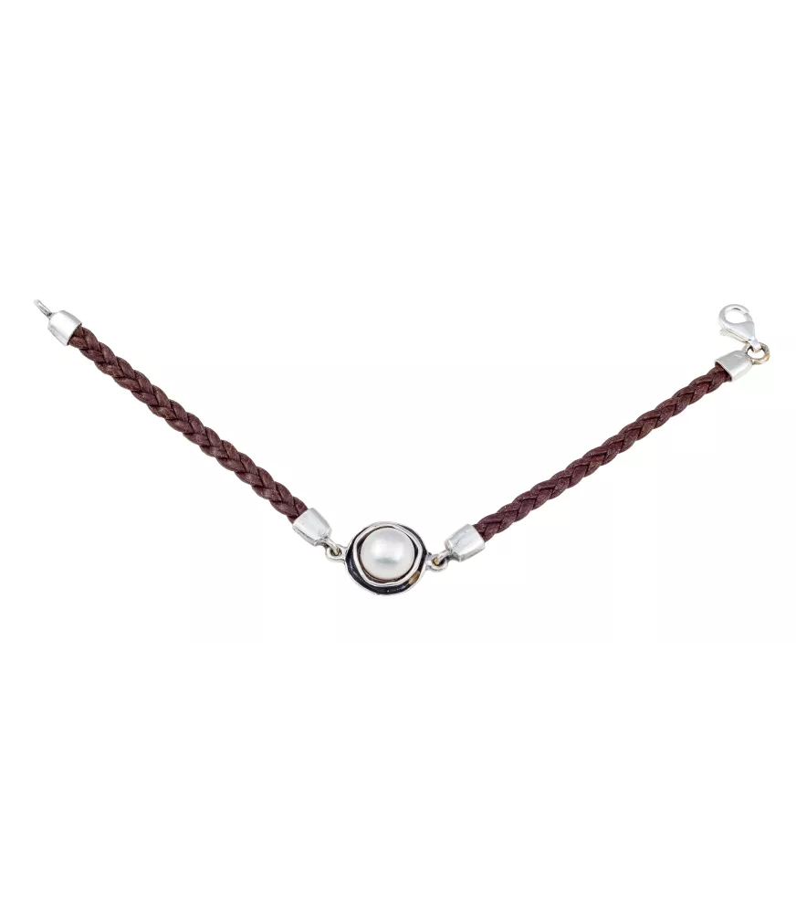 PULSERA DE PLATA CON PERLA Y CUERO