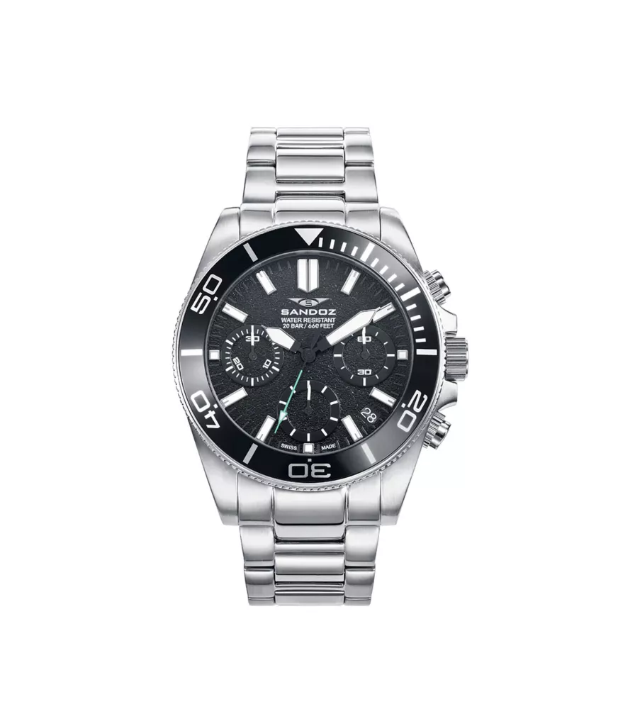 Cuarzo Suizo, 3 agujas , calendario y cronógrafo.